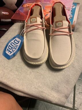 Hey Dude Beige Canvas Slip-Ons with Coral Accents